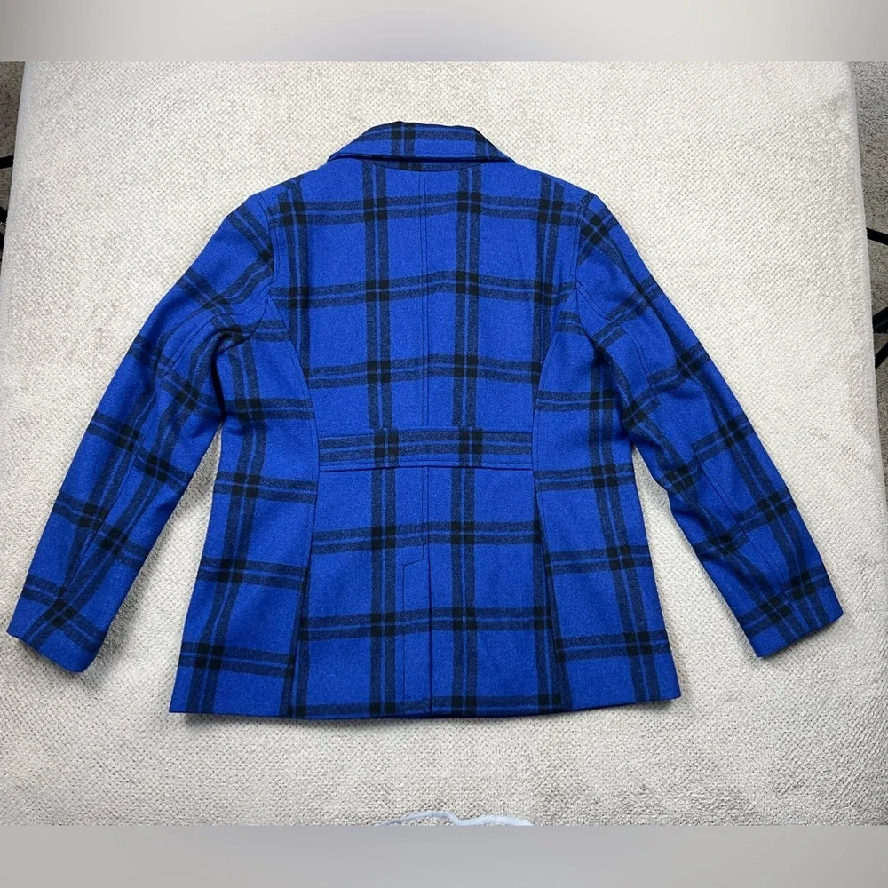 Old Navy Women’s Large Blue Black Plaid Double Breasted Mid Length Wool Peacoat - Picture 3 of 10